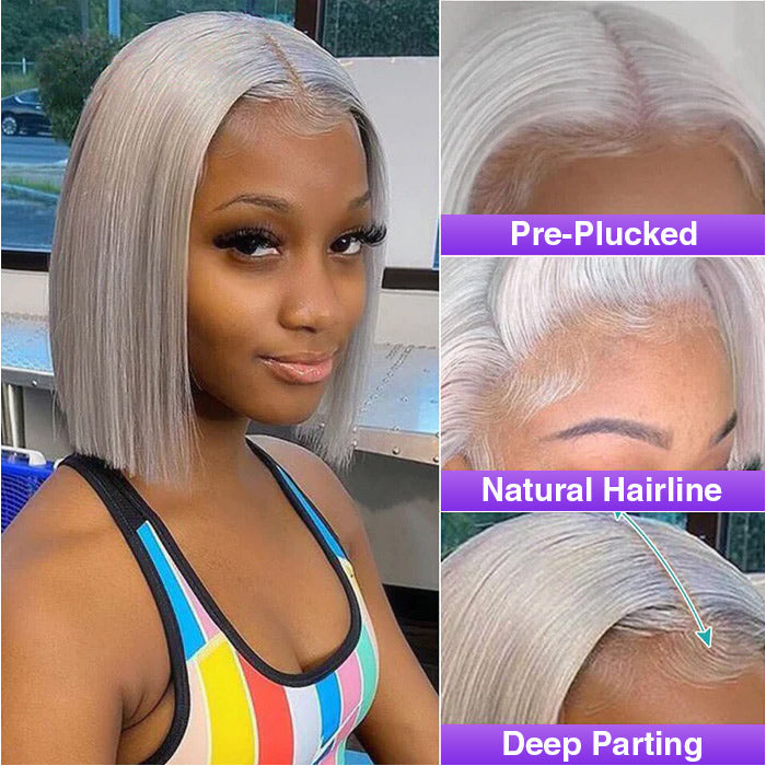 Grey 13x4 Lace Front Human Hair Wigs  Straight Colored Sliver Bob Lace Wigs For Black Women Pre Plucked 150%