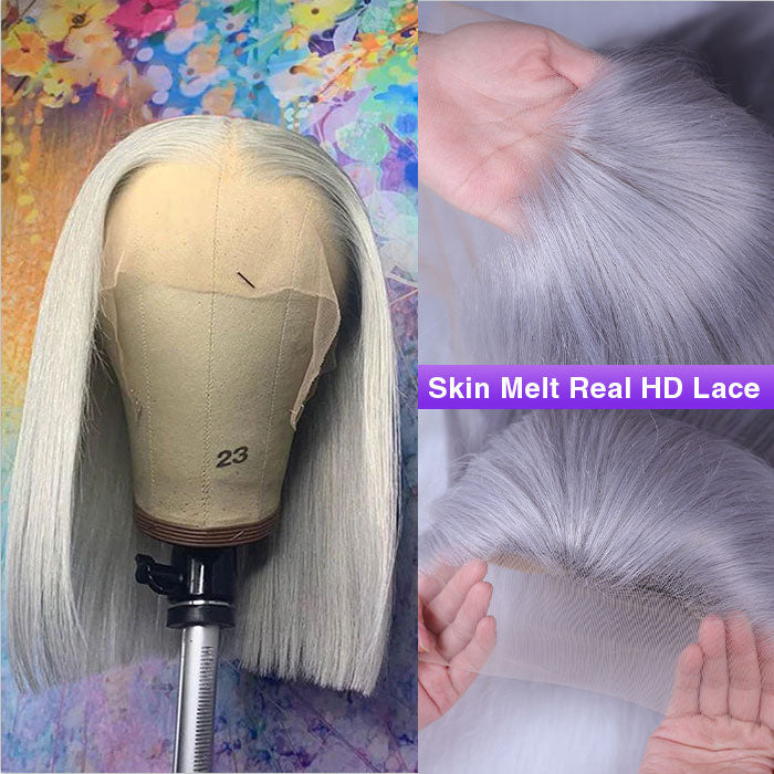 Grey 13x4 Lace Front Human Hair Wigs  Straight Colored Sliver Bob Lace Wigs For Black Women Pre Plucked 150%