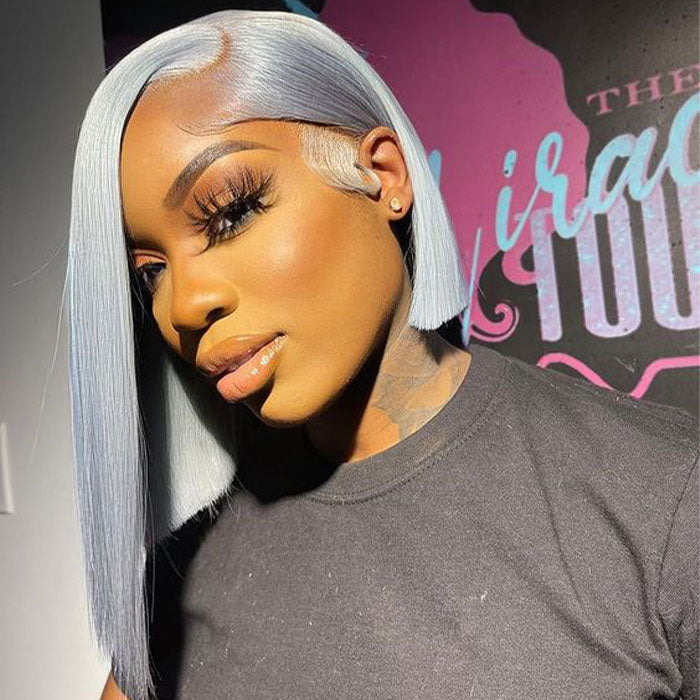 Grey 13x4 Lace Front Human Hair Wigs  Straight Colored Sliver Bob Lace Wigs For Black Women Pre Plucked 150%