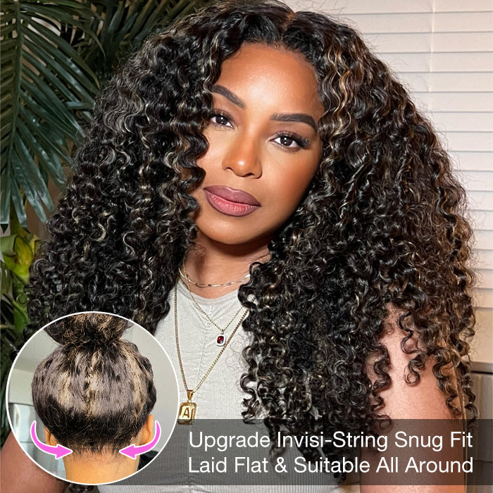 Blonde Highlight Curly Wigs Invisi-String Snug Fit 360 HD Lace Frontal Virgin Human Hair Wig For Women