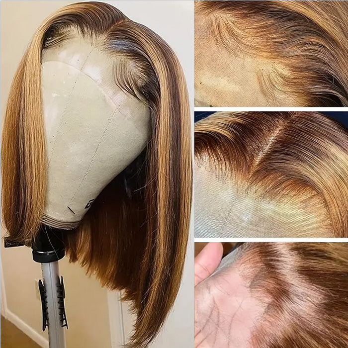 P4/27 Highlight Short Straight Bob 4x4 Lace Closure Wig 100% Human Virgin Hair 150% Density