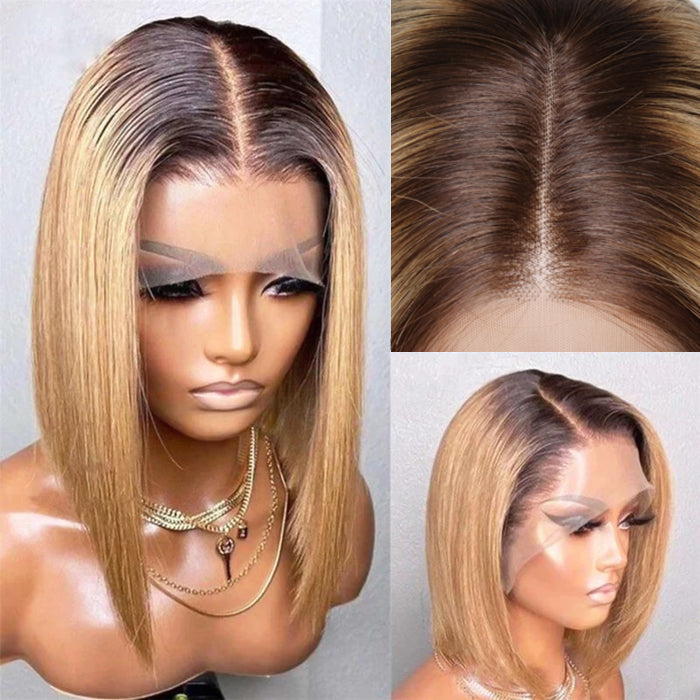 Ombre Blonde T4/27 Straight 13x4 Lace Front Wig Short bob Lace Front Human Hair Wigs