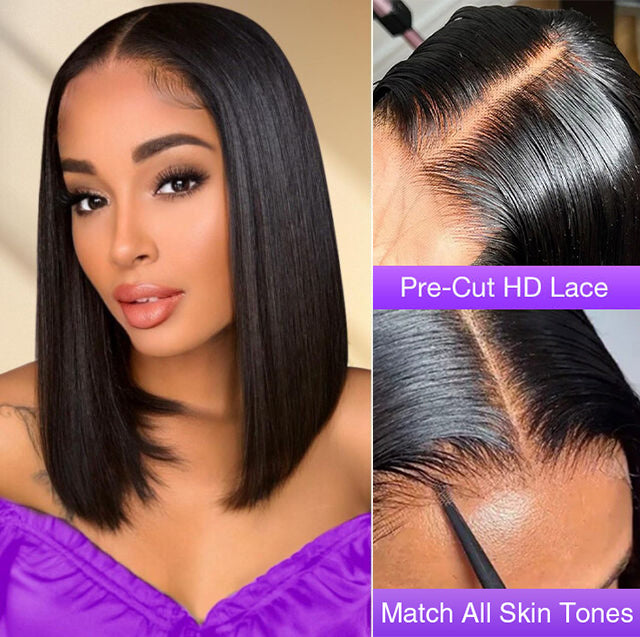 Put On And Go Glueless 8x5 Pre Cut HD Lace 220% Density Straight Bob Wigs With Pre Plucked & Pre Bleached