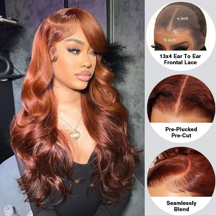 13x4 Lace Front Reddish Brown Body Wave Real Ear to Ear Lace Put on and Go Pre-All Glueless Wig