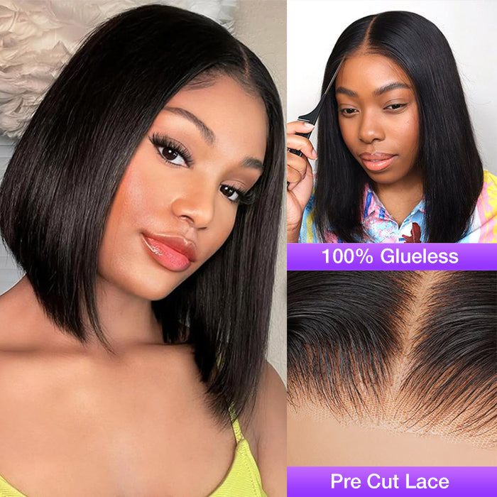 Glueless Lace Bob Wig 100% Human Hair 8x5 Pre Cut Lace Pre Plucked & Bleached