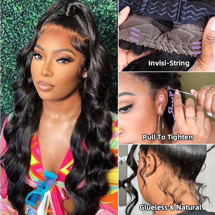 Body Wave Invisi-String Snug Fit 360 HD Lace Frontal Glueless Wig With Bleached Knots Lace Parting Anywhere