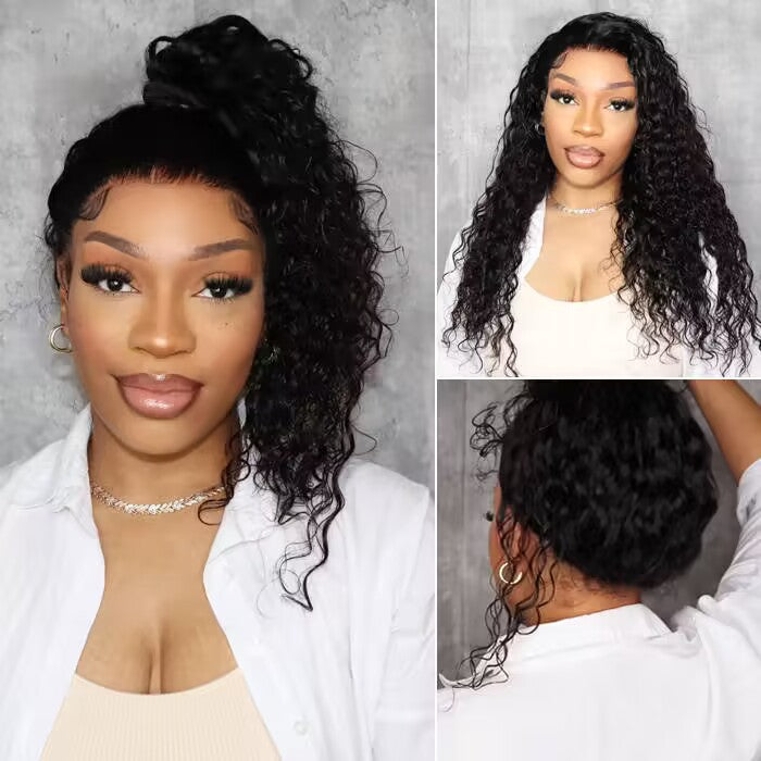 Water Wave Invisi-Pull String Snug Fit 360 HD Lace Frontal Glueless Wig WIth Bleached Knots