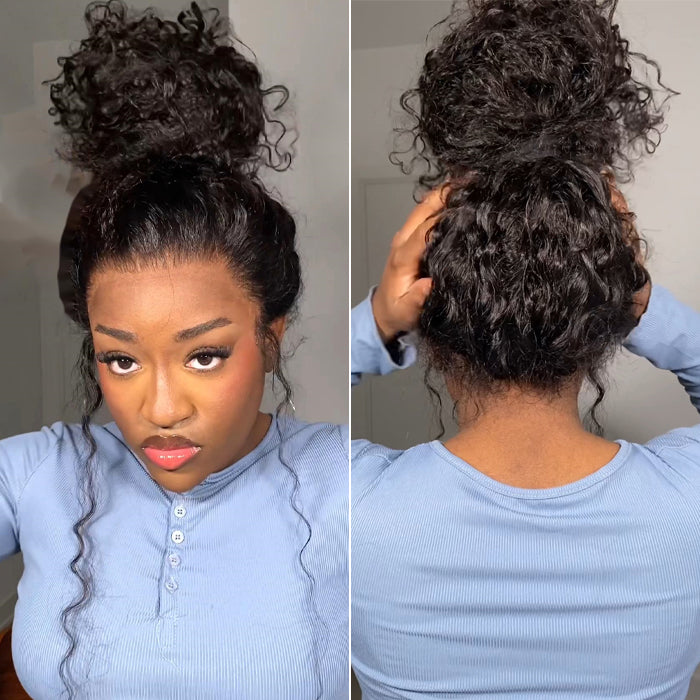 Water Wave Invisi-Pull String Snug Fit 360 HD Lace Frontal Glueless Wig WIth Bleached Knots