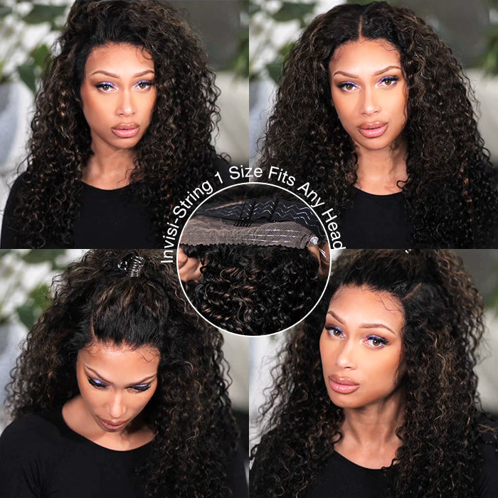 Blonde Highlight Curly Wigs Invisi-String Snug Fit 360 HD Lace Frontal Virgin Human Hair Wig For Women