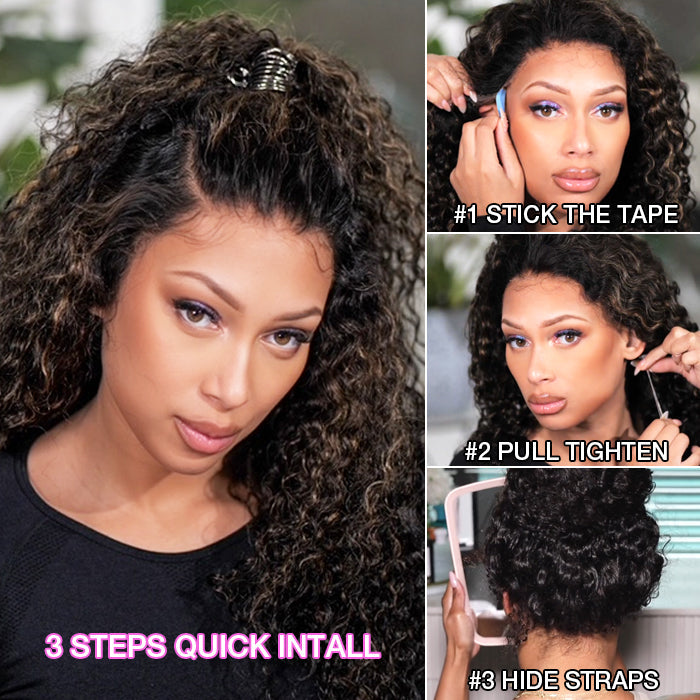 Blonde Highlight Curly Wigs Invisi-String Snug Fit 360 HD Lace Frontal Virgin Human Hair Wig For Women