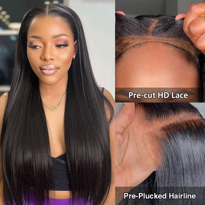 Glueless Yaki Straight Wig 8x5 Pre-Cut Lace Closure Human Hair Wigs With Pre Plucked Hairline