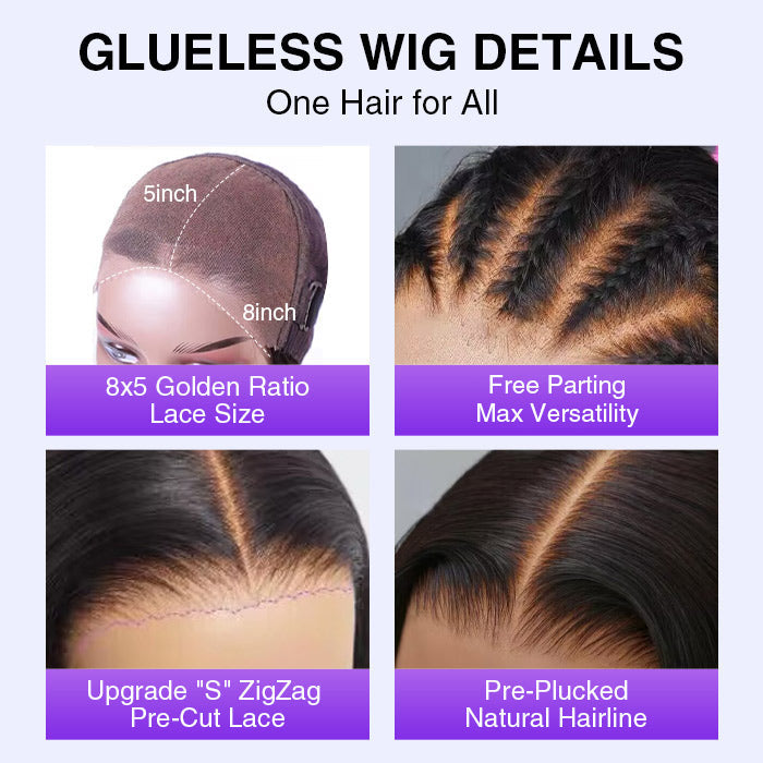 Glueless Yaki Straight Wig 8x5 Pre-Cut Lace Closure Human Hair Wigs With Pre Plucked Hairline