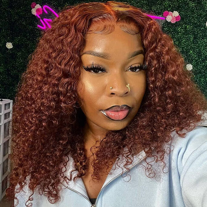 Reddish Brown Color Curly Short Bob Wigs 13X413x6 HD Lace Front Human Hair Wigs Pre-Plucked Hairline