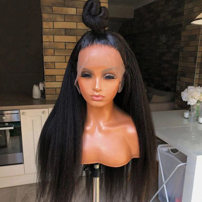 Kinky Straight Invisible-String Snug Fit 360 Full Lace Pre Plucked & Bleached HD Lace Glueless Wigs