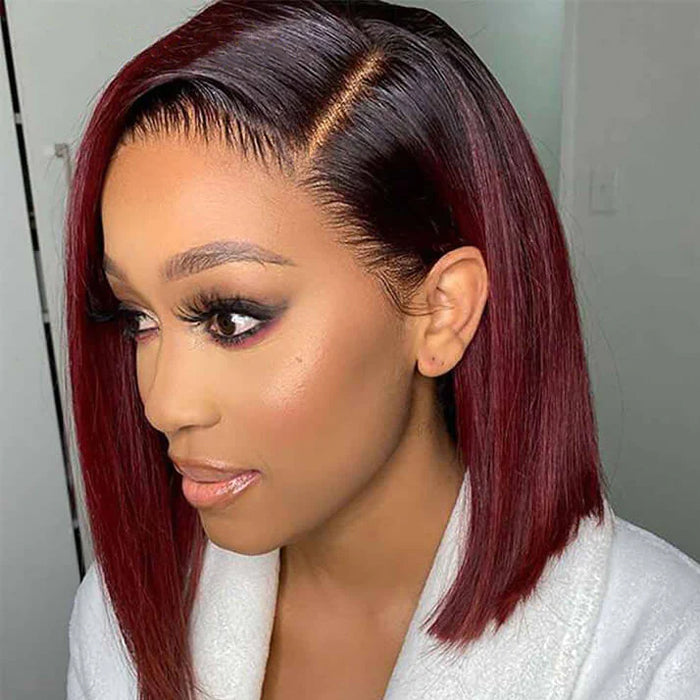 1B/99J Burgundy Ombre Short Straight Bob Wigs Human Hair With Pre Plucked Hairline