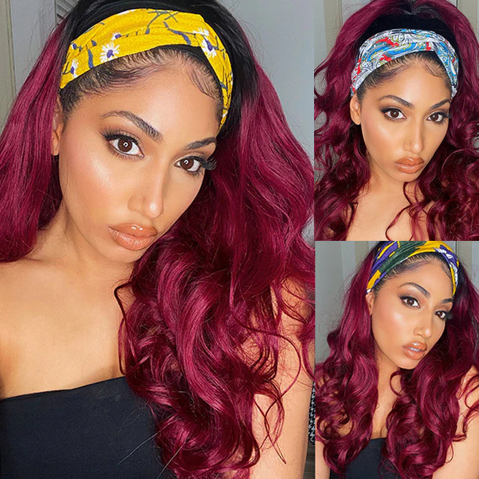 99J Burgundy Color Headband Wigs Body Wave Virgin Human Hair