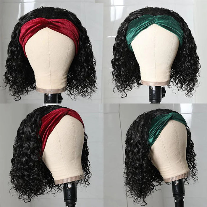 Water Wave Hair Headband Bob Wig Human Hair Half Wig 10-14 Inch Human Hair Headband Wig