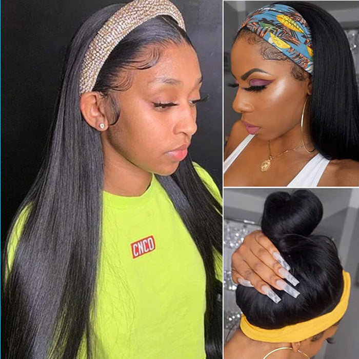 Headband Wig Straight Human Hair No Gel No Glue Silk Scarf Wigs