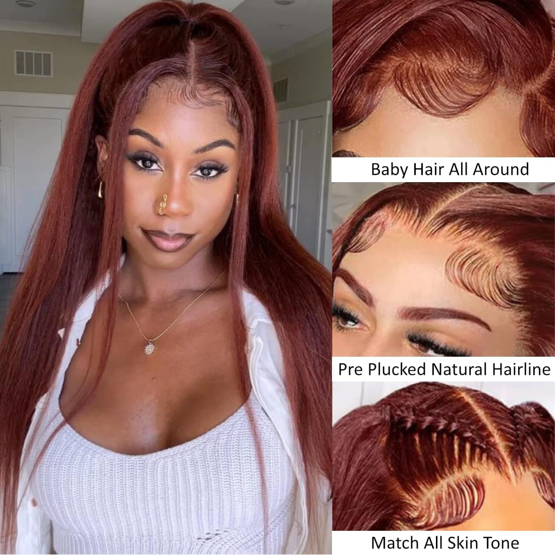 Glueless HD Lace Front Wigs Virgin Human Hair Kinky Straight Wigs #33 Reddish Brown Color