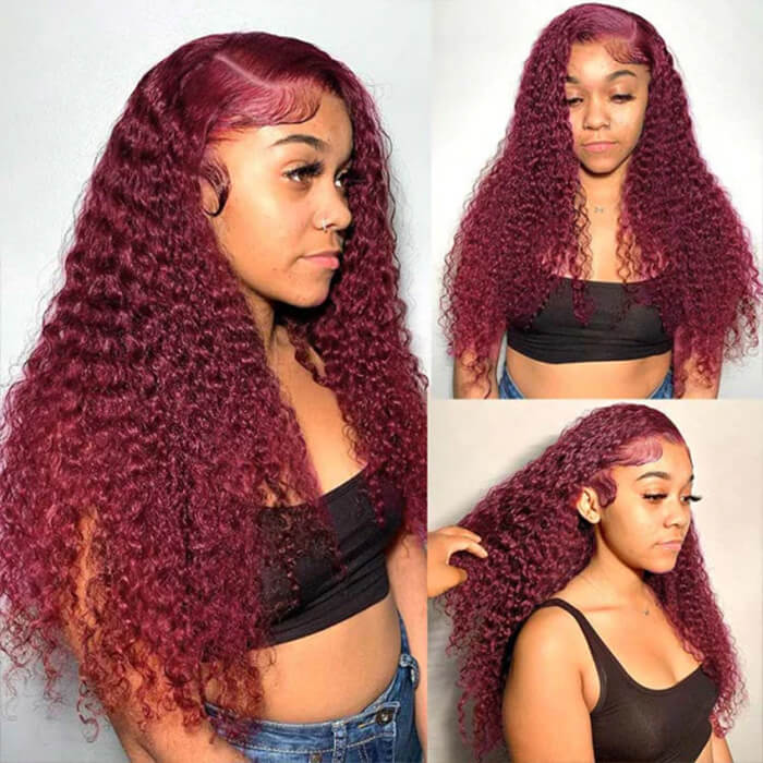 99J Burgundy Color 13x4 HD Lace Front Wigs Pre Plucked Long Curly Virgin Human Hair Wigs