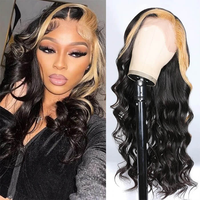 Blonde/Red/Green Skunk Stripe Hair Highlights Body Wave Human Hair 13*4 HD Lace Wigs