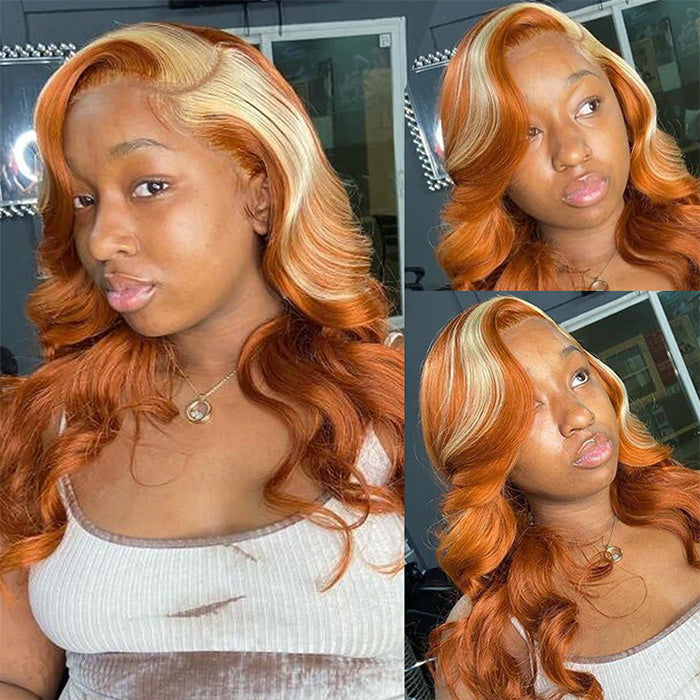 Ginger Wig With Blonde Highlights Colored Lace Front Wigs Body Wave Ombre Human Hair Wigs