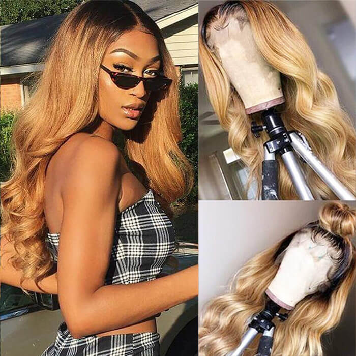 Ombre Colored 13x4 HD Transparent Lace Front Wig Pre Plucked Brazilian Virgin Human Hair Wig For Women