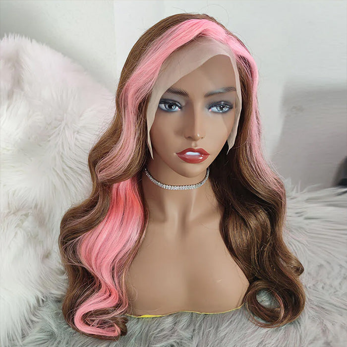 Strawberry Pink & Chocolate Skunk Stripe Color Wig Straight and Body Wave 13*4 Lace Front Wig