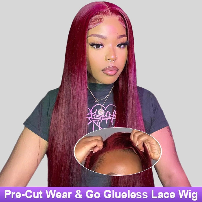 Glueless Ready & Go Wig Upgrade 8*5 Pre Cut HD Lace Closure Wigs #99J Burgundy Color