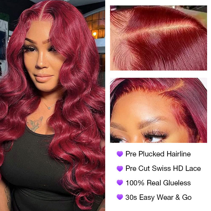 Glueless Ready & Go Wig Upgrade 8*5 Pre Cut HD Lace Closure Wigs #99J Burgundy Color