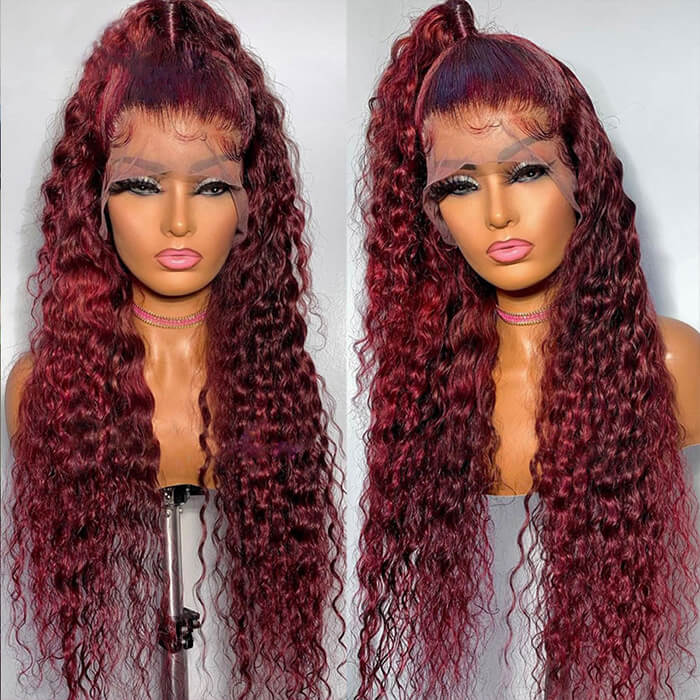 Deep Wave 13x4 HD Lace Front Wigs Burgundy 99J Color Human Hair Wigs With Pre-plucked Hairline