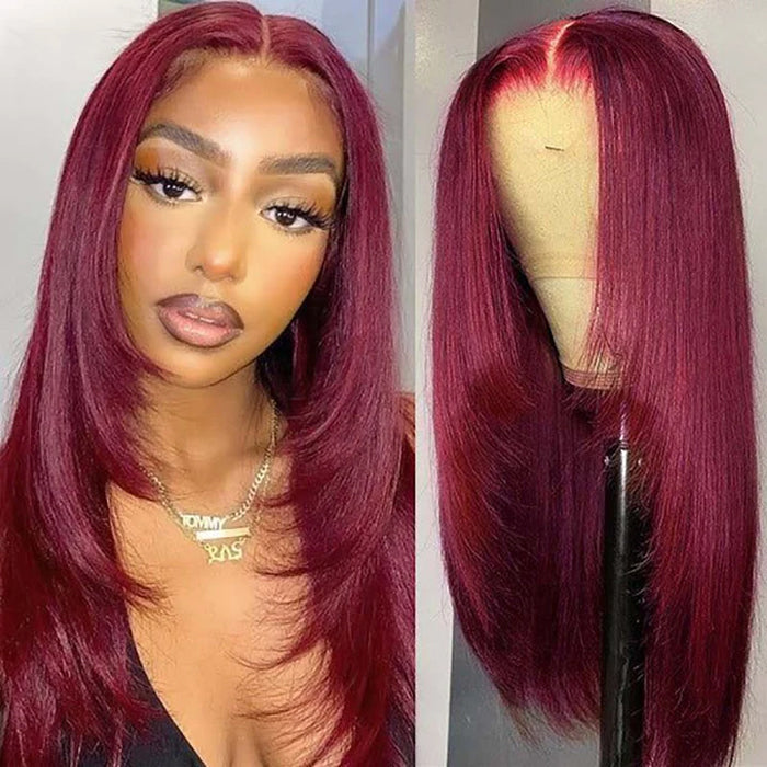 #99J Burgundy Layered Cut Straight Wigs 13x4 HD Lace Frontal Human Hair Wigs