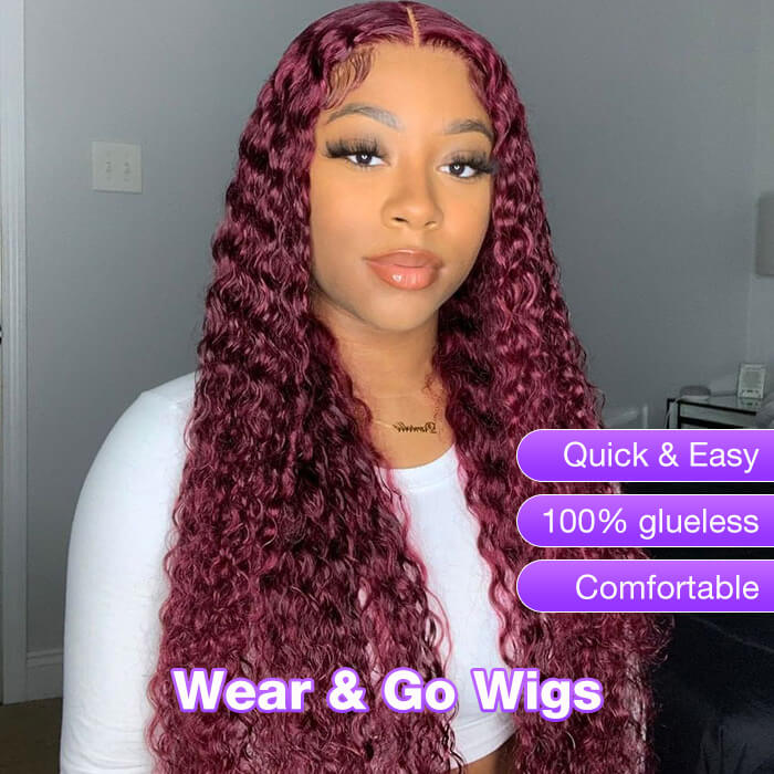 #99J Burgundy Wig Deep Wave Glueless Ready & Go Pre Cut Lace Closure Wig with Natural Hairline