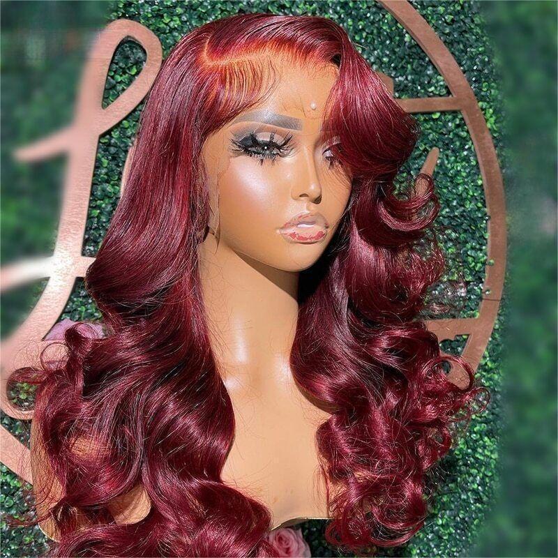 99J Burgundy Color C Part Wig 13x4 HD Lace Front Human Hair Wigs With Pre Plucked Hairline