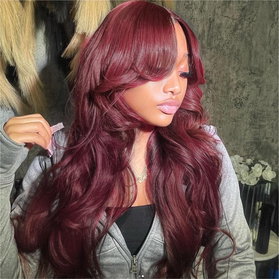 99J Burgundy Curtain Bangs Wigs Body Wave 13x4/13x6 HD Lace Glueless Wigs