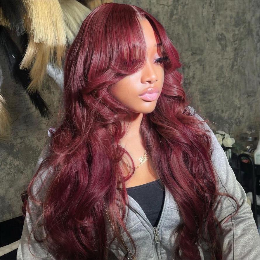 99J Burgundy Curtain Bangs Wigs Body Wave 13x4/13x6 HD Lace Glueless Wigs