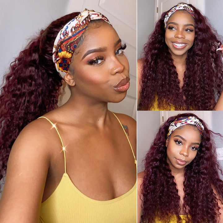 99J Burgundy Color Headband Wigs Deep Wave Human Hair