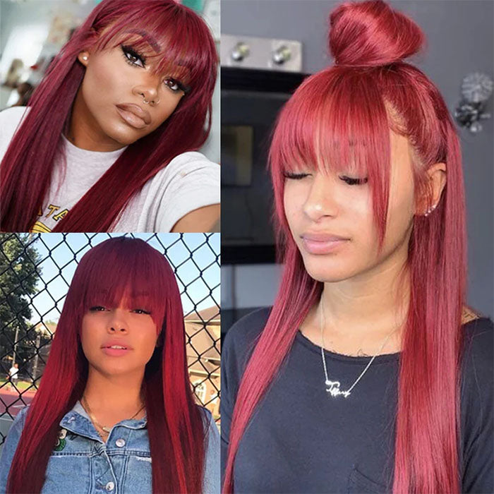 Burgundy 99J Silk Straight Human Hair Wig with Bangs Glueless Top 2x4 Lace Wig Fringe Style