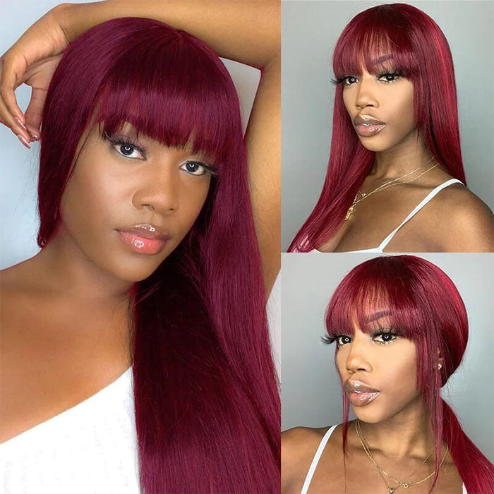 Burgundy 99J Silk Straight Human Hair Wig with Bangs Glueless Top 2x4 Lace Wig Fringe Style