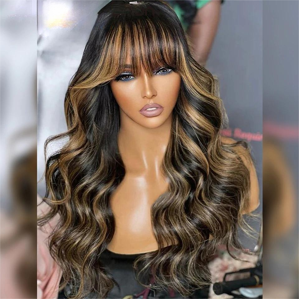 Blonde Highlights Body Wave Human Hair Wigs with Bangs Glueless 13*4 HD Lace Front Wigs