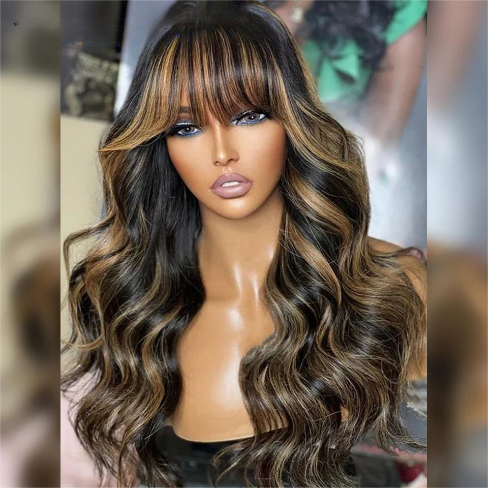 Blonde Highlights Body Wave Human Hair Wigs with Bangs Glueless 13*4 HD Lace Front Wigs