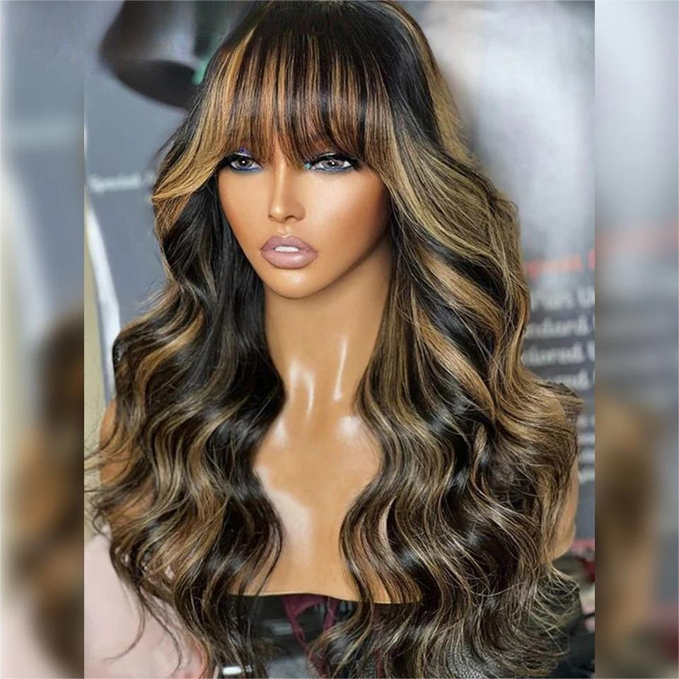 Blonde Highlights Body Wave Human Hair Wigs with Bangs Glueless 13*4 HD Lace Front Wigs