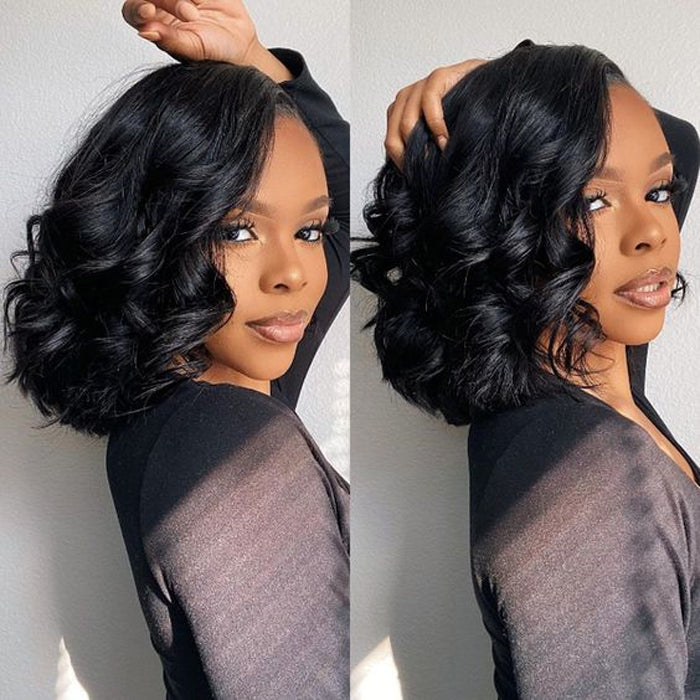 Asymmetrical Side Part Bob Wigs Body Wave Glueless HD Lace Front Wigs 180% Density