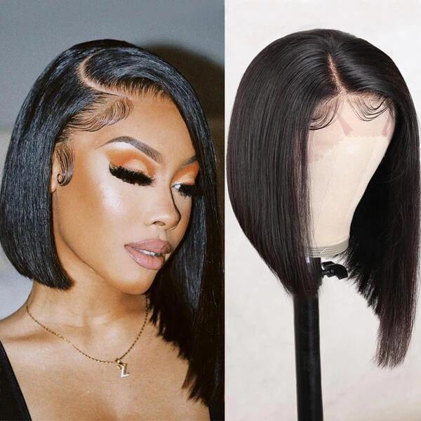 Asymmetrical Blunt Cut Bob Side Part Straight Glueless HD Lace Front Wigs 180% Density