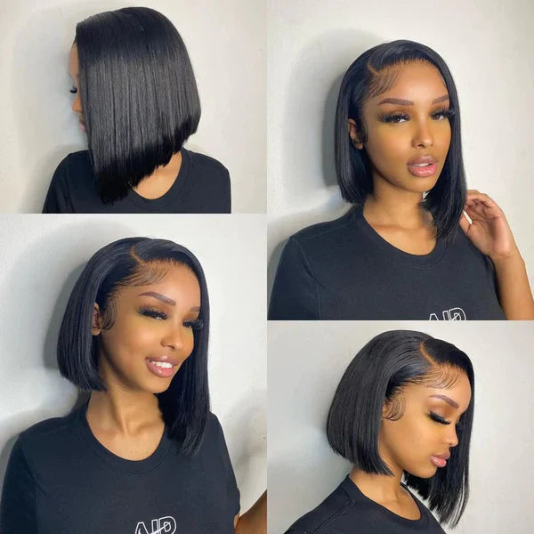 Asymmetrical Blunt Cut Bob Side Part Straight Glueless HD Lace Front Wigs 180% Density