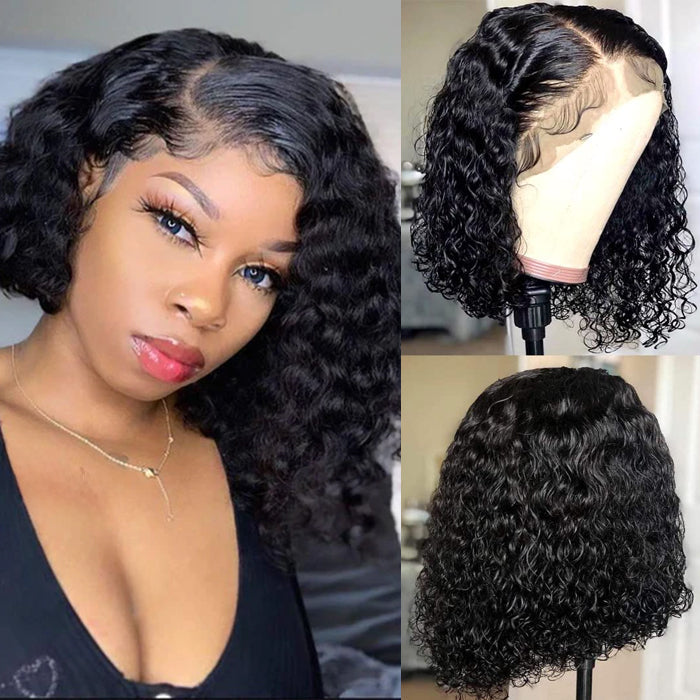 Glueless Asymmetric Side Part Bob Closure Wig Deep Wave 100% Human Hair 180% Density