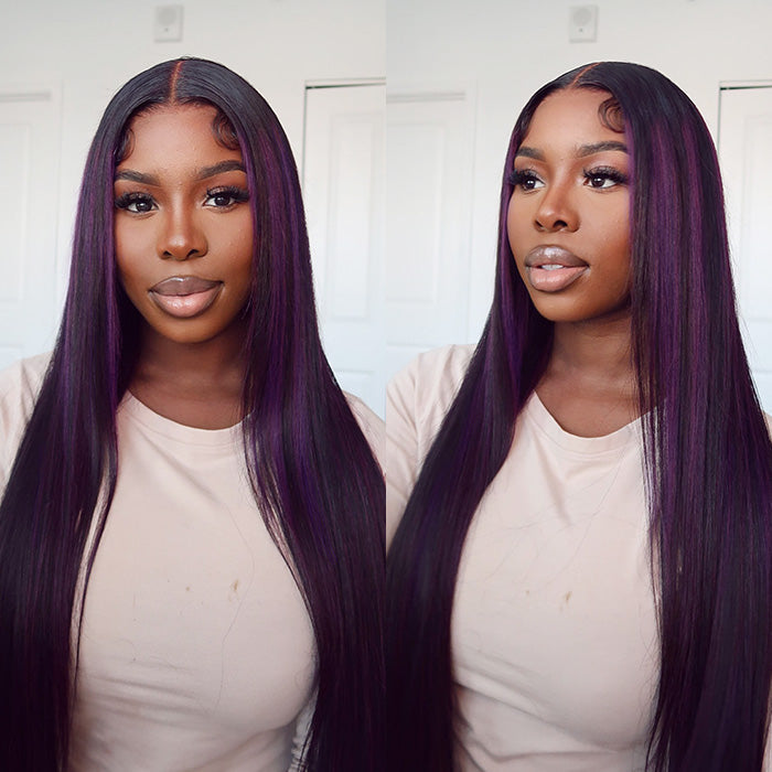 Balayage Purple Highlight Lace Front Wigs 13x4 Transparent HD Lace Human Hair Wigs