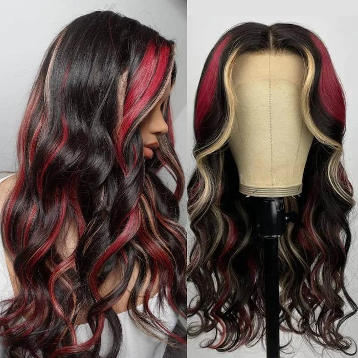 Multi Color Red And Blonde Highlights 13x4 Lace Front Body Wave Wig