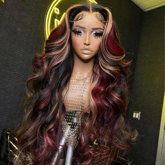 Multi Color Red And Blonde Highlights 13x4 Lace Front Body Wave Wig