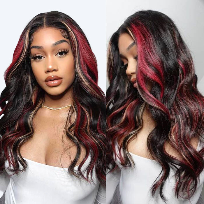 Multi Color Red And Blonde Highlights 13x4 Lace Front Body Wave Wig